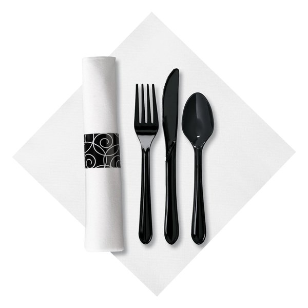 Caterwrap 8" x 8.5" Pre-rolled CaterWrap White Napkins and Black Cutlery 100 PK 119971